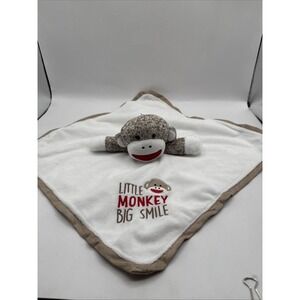 Sock Monkey Rattle Lovey Satin Back Baby Boy Plush Stuffed Animal Big Smile